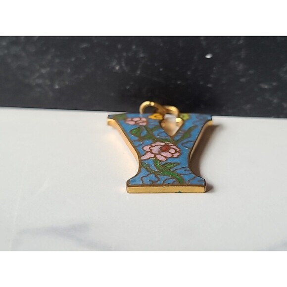 Cloisonne Floral Letter Y Shaped Pendant Vintage - Picture 6 of 10